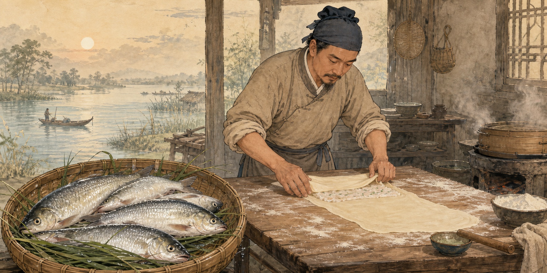 云梦鱼面起源与传统制作场景文化插画,画面中的鱼为刚捕捞的新鲜鱼