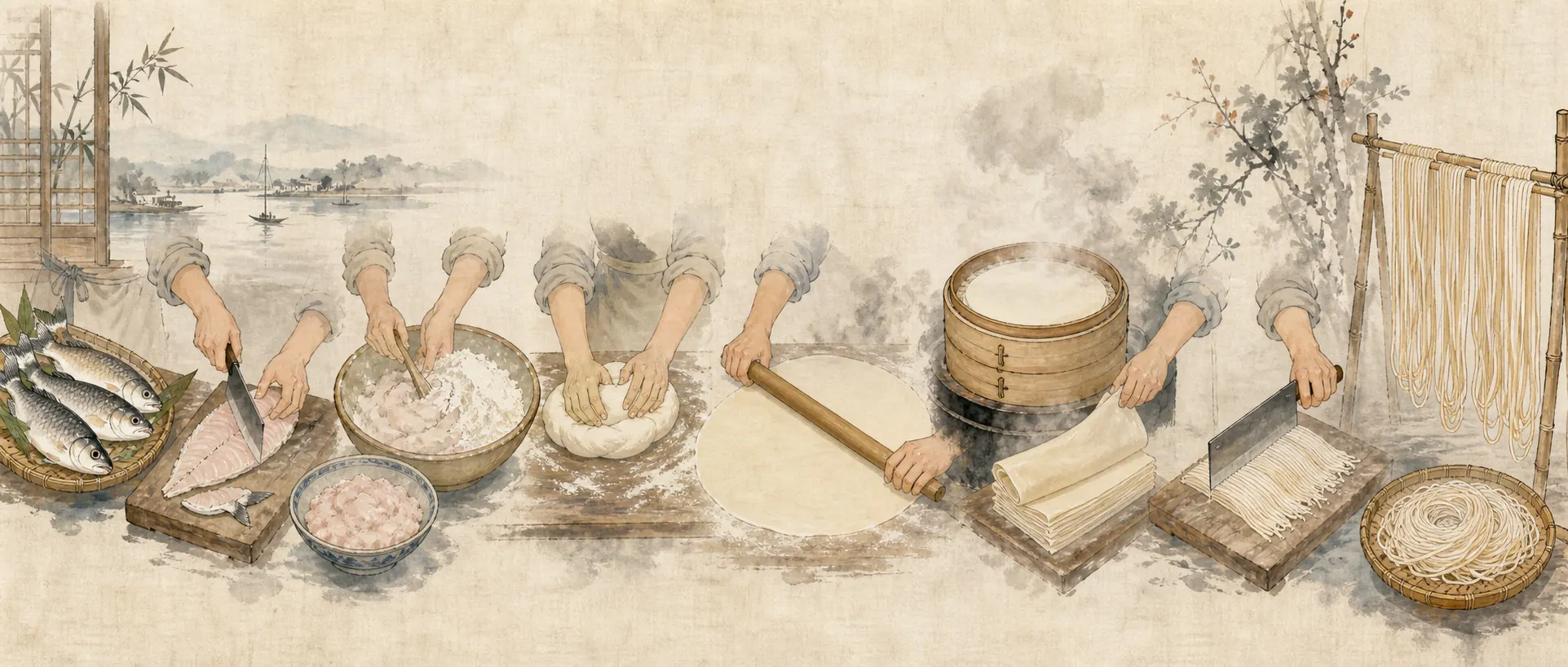 Traditional making of Yunmeng fish noodles, rolling the fish dough