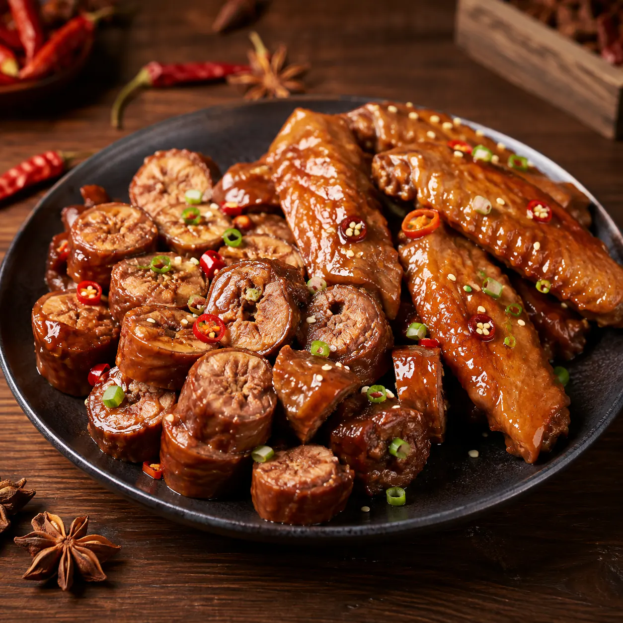油亮鲜香的卤味鸭脖与鸭翅拼盘