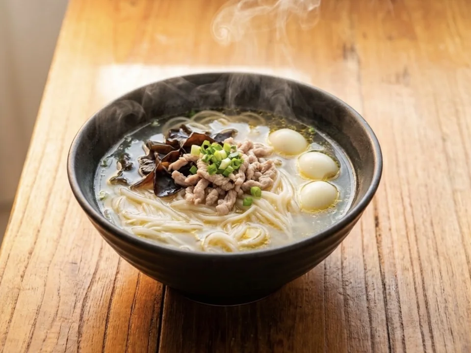 三鲜鱼面：深色粗陶碗里，清亮金汤配洁白云梦鱼面、嫩肉丝、黑木耳与鹌鹑蛋